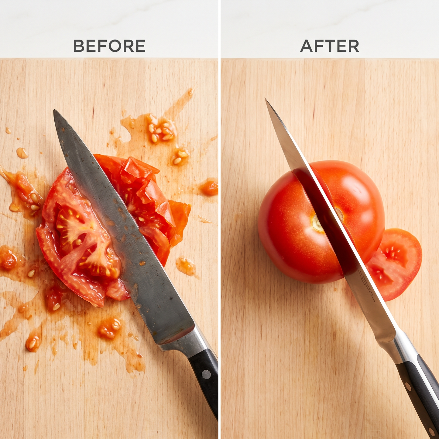 Before and after: a dull knife crushes a tomato, a sharp knife slices it clean