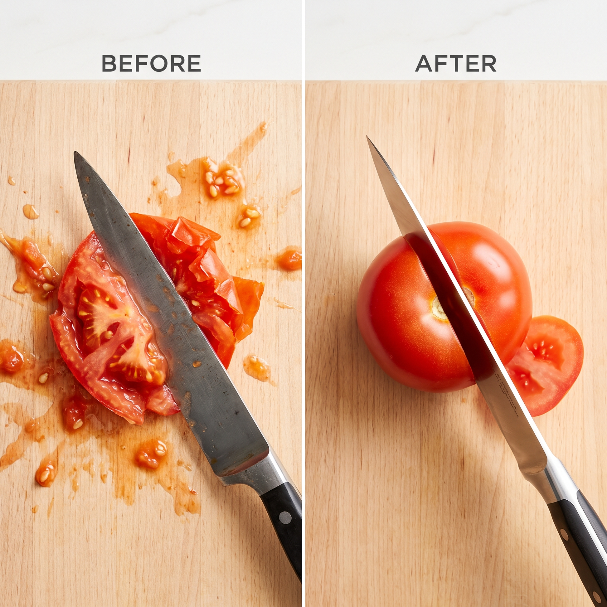 Before and after: a dull knife crushes a tomato, a sharp knife slices it clean