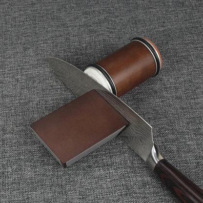 Willow & Stone rolling knife sharpener with a knife in the angle block